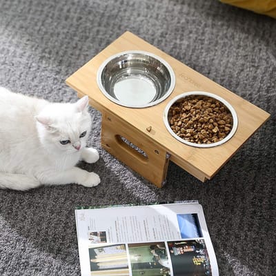 hondenbakkatten, 2 kommen, bamboe, in hoogte verstelbaar HMPRB004N01