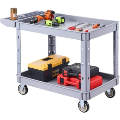 VEVOR Servicetrolley, Werkplaatstrolley, Gereedschapstrolley van PP, 1140x610x840 mm, Grijs, Roltrolley met een draagvermogen van 250 kg, Incl. 2 niveaus, 4 zwenkwielen en handgreep met opbergvak, Multifunctionele trolley voor garage, magazijn, werkplaats
