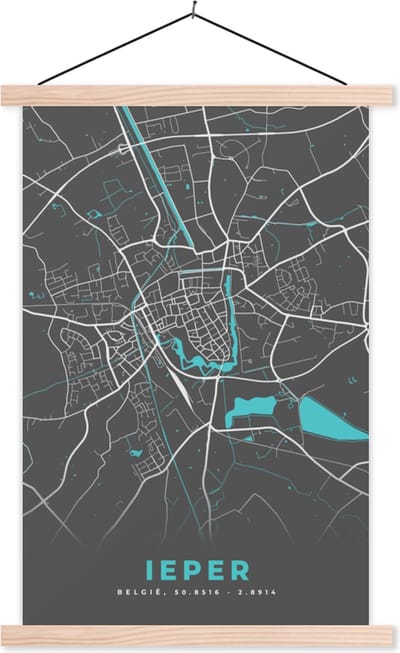 Posterhanger incl. Poster 40x60 cm - Schoolplaat - Plattegrond – Ieper – Blauw – Stadskaart - Kaart - België - Textielposter - Blanke latten - Stadskaart