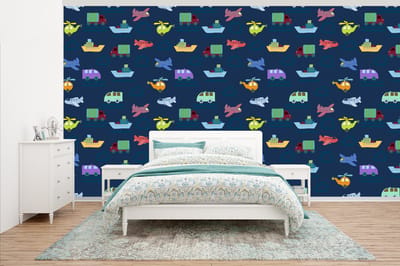 Behang - Fotobehang Patronen - Vliegtuig - Boot - Vrachtwagen - Jongetje - Jongens - Kinderen - Kids - Breedte 500 cm x hoogte 280 cm