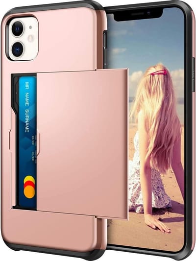 Pasjeshouder Hoesje Geschikt voor Apple iPhone 11 – Shockproof Hardcase Backcover met Verborgen Kaartvak – Roze