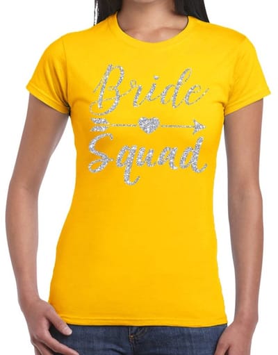 Bride Squad Cupido zilver glitter tekst t-shirt geel dames - dames shirt Bride Squad- Vrijgezellenfeest kleding XS