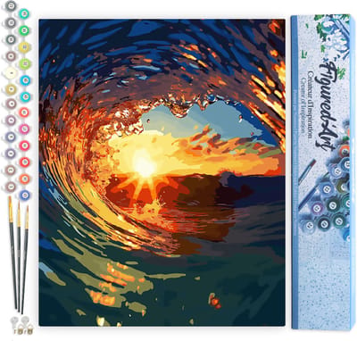Figured'Art Schilderen op Nummer Volwassenen canvas De Golf en Zonsondergang - Handwerk acrylverf Kit DIY Compleet - 40x50cm zonder frame