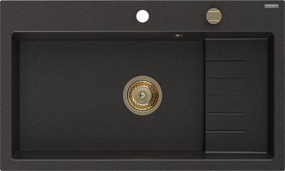 Mexen Omar spoelbak van graniet, 1-compartiment, 800 x 480 , zwart/goud metallic, gouden sifon - 6520801005-75-G