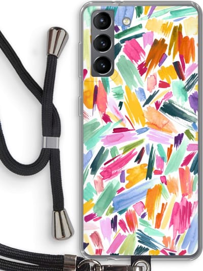 Hoesje met koord geschikt voor Samsung Galaxy S21 hoesje met Koord - Watercolor Brushstrokes - Telefoonhoesje met Zwart Koord - Bescherming aan alle Kanten en Over de Schermrand