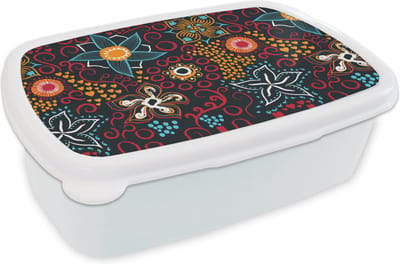 Broodtrommel Wit - Lunchbox - Brooddoos - Bloemen - Rood - Patronen - 18x12x6 cm - Volwassenen