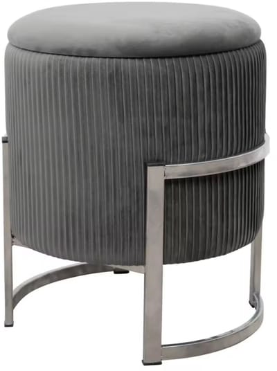 Poef met Opbergruimte - Fluweel Grijs - Ø 40 cm - Luxe Hocker met Zilver Onderstel - Fluwelen Voetenbank - Velvet Opbergbox