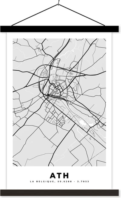 Posterhanger incl. Poster 40x60 cm - Schoolplaat - België – Ath – Stadskaart – Kaart – Zwart Wit – Plattegrond - Textielposter - Zwarte latten - Stadskaart