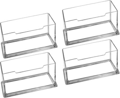 Doorzichtige visitekaartjeshouder, 4-pack acryl enkele zak naam kaarthouder landschap vrijstaande visitekaartjes standaards voor bureau kantoor collectie organizer 103 x 43 mm