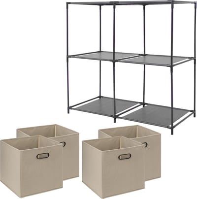 5Five Kastmandjes/opberg manden - beige - 4x van 29 Liter - Metalen rekje is 68 x 70 cm
