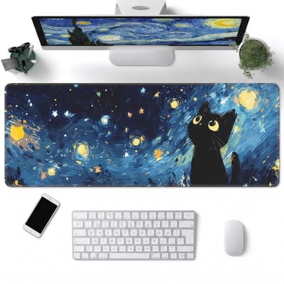 Muismat, Extra Groot Bureau Onderlegger Muismat XXL 800×300×3 mm, Schattige Tafelmat voor Werk & Gamen, Antislip Laptop Bureaubladbescherming, Kat onder de Sterrenhemel