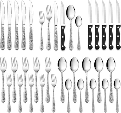 Complete Bestekset voor 6 Personen, 36 Delen, Roestvrij Staal met Steakmessen, Modern Design voor Thuis en Restaurant, Vaatwasserbestendig