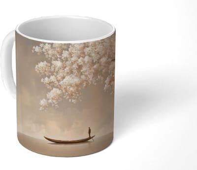 Mok - Koffiemok - Bloesems - Wit - Boot - Minimalistisch - Mokken - 350 ML - Beker - Koffiemokken - Theemok
