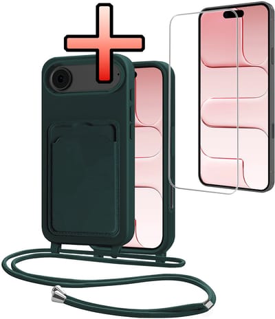Hoes Geschikt voor iPhone Air Hoesje Pasjeshouder Cover Met Koord Case Siliconen Hoes Met Telefoonkoord en Kaarthouder Met Screenprotector - Donkergroen