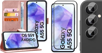 Hoesje geschikt voor Samsung Galaxy A55 - Screenprotector Volledig Dekkend Glas & Camera - Portemonnee Book Case Rosegoud