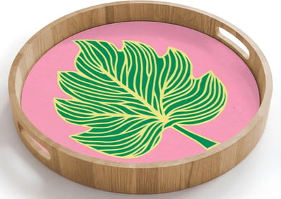 Dienblad rond 40x40 cm - Schootdienblad hout - Blad - Groen - Illustratie - Minimalistisch - Borrelplank rechthoek - Plateau houten dienbladen