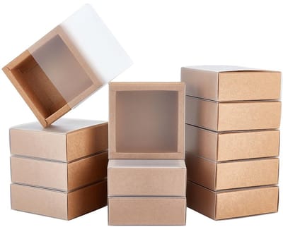 Dailygoods- Geschenkdozen met deksel - 16 Stuks - Kraftpapier - Bruin/Zwart - PVC-venster - 9,7 x 9,7 x 3,75 cm - Cadeaudozen