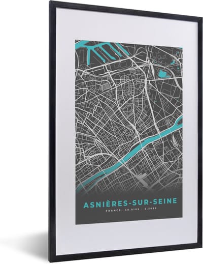 Fotolijst incl. Poster - Plattegrond – Asnières-sur-Seine – Stadskaart – Kaart – Frankrijk - 40x60 cm - Posterlijst