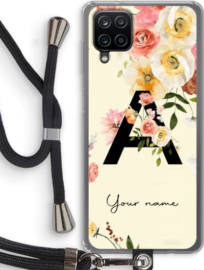 Gepersonaliseerd - Case Company® - Hoesje met koord geschikt voor Samsung Galaxy A12 hoesje met Koord - Flirty Flowers Monogram - Telefoonhoesje met Zwart Koord - Bescherming aan alle Kanten en Over de Schermrand
