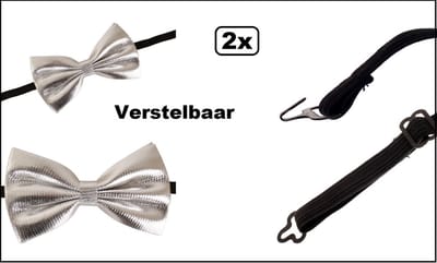 2x Vlinderstrik zilver 13cm verstelbaar - Strikje Festival evenement gala party kerst hollywood huwelijk