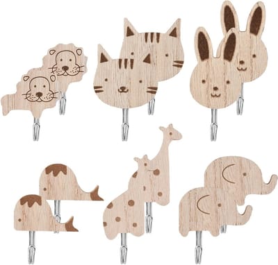Set van 12 Zelfklevende Houten Haken in Schattige Dierenvormen voor Kinderen, Ideaal voor Kleding, Handdoeken en Accessoires in de Kinderkamer, Badkamer en Keuken
