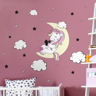 Muurstickers - Eenhoornvriend van de Maan en de Sterren - Zelfklevende stickers - 135x90cm