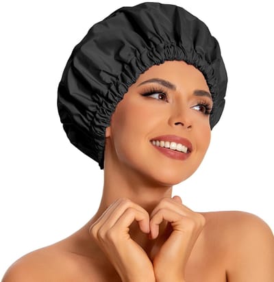 Badmuts - Douchemuts Dames - Shower Cap - Grote waterdichte douchekap - Wasbare elastische band - Badkap voor lang haar - Droog haar - Zwart - Perfect voor badkamer - Reizen - Buitenshuis