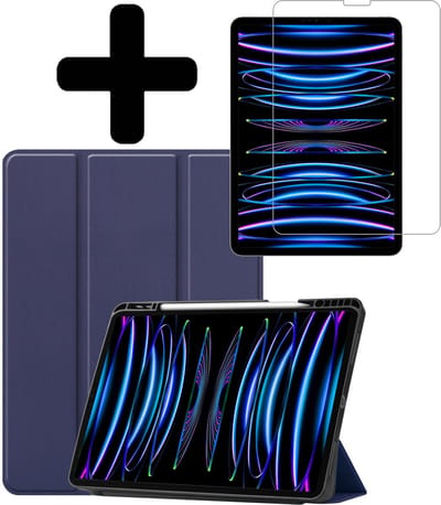 Hoes - Geschikt voor Apple iPad Pro (2022) - 11 inch - 4e generatie - Met Screenprotector - Trifold Bookcase - Hard Cover Case - Met Uitsparing Geschikt voor Apple Pencil - Hardcover Book - Tablet Hoesje - Donkerblauw