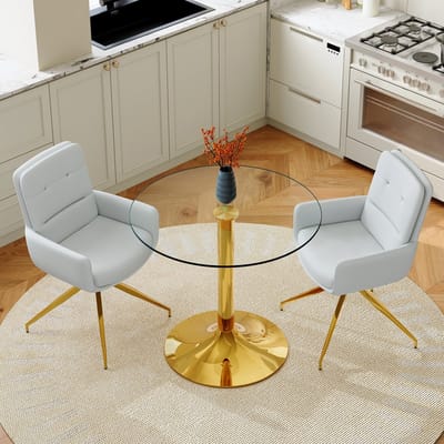 OKWISH Eettafelset 85 Cm – Ronde Glazen Tafel Met 2 Draaibare Stoelen – Voor Eethoek – Glas, Metaal En PU – Goud