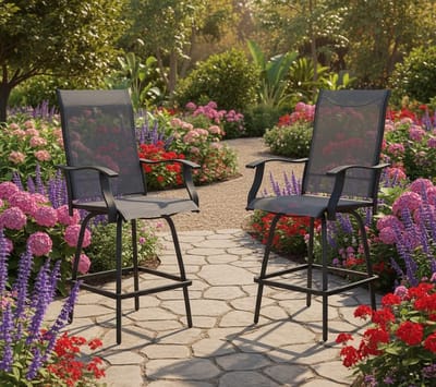 Sling Patio Barstoelen Set van 2 – 360° Draaibare Buitenstoelen van Weerbestendig Textilene en Gegalvaniseerd Staal, Barhoogte 130,8 cm, Modern Design