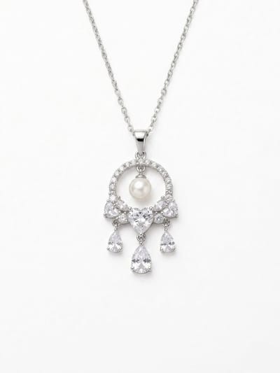 Dames Zilveren Ketting Chandelier Hangertje met Parel en Fonkelende Steentjes – Elegant Vintage Design – Tijdloos Luxe Sieraad