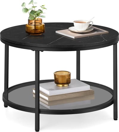 FurnStar – Salontafel – Woonkamertafel met glasplaat – Moderne banktafel met veel opbergruimte – Eenvoudige montage - 65 x 46 cm – Marmerzwart/Inktzwart –