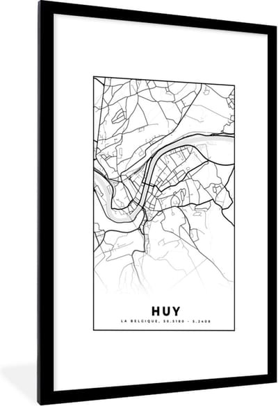 Fotolijst incl. Poster Zwart Wit- Stadskaart – Plattegrond – België – Zwart Wit – Huy – Kaart - 60x90 cm - Posterlijst