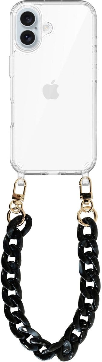 xoxo Wildhearts siliconen hoesje - Geschikt voor iPhone 17 - Marble Black - Kort Koord - Telefoonhoesje - Hoesje met koord - telefoonkoord - Transparant hoesje - Kort zwart marmerprint koord