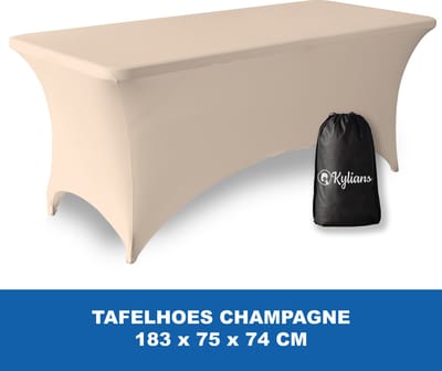 Tafelhoes Champagne - 183 x 75 x 74 cm - voor Klaptafel / Buffettafel / Partytafel / Tuin Tafel / Campingtafel met Opbergzak - Luxe Extra Dikke Stretch Rok – Kras- en Kreukvrije Hoes