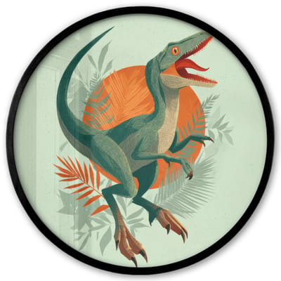 Poster in lijst Rond - Fotolijst 40x40 cm - Posters - Dino - Bladeren - Grafisch - Groen - Ronde posterlijst zwart - Decoratie - Wanddecoratie woonkamer - Muurdecoratie slaapkamer