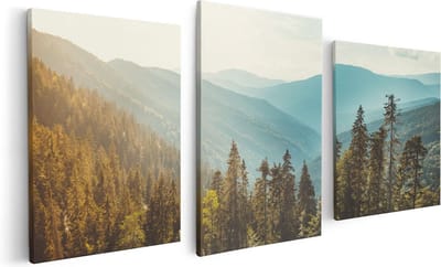 Artaza Canvas Schilderij Drieluik Bos Met Bomen In De Hoge Bergen - 120x60 cm - Wanddecoratie Woonkamer - Schilderijen - Muurdecoratie