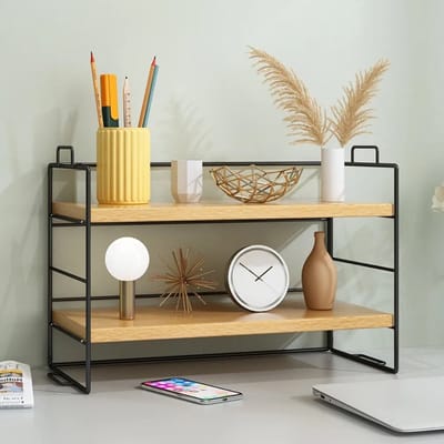 Mygroot - Bureauplanken organizer - Multifunctioneel - Houten modern design - Kruidenrek verstelbaar - Stapelbaar vrijstaand display - Opbergrek - Compartimenten voor thuiskantoor en school - 2-laags - zwart - hout
