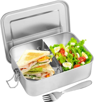 Famanu - Lunchbox roestvrijstalen lunchbox 1200 ml met twee vakken en vork