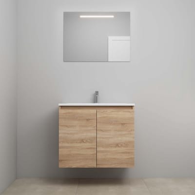On-Line Badkamermeubelset - 80 cm - Bouwpakket - Greeploos 2 Deuren - Acryl Wastafel - 1 Kraangat - Spiegel met LED-Verlichting - Eiken