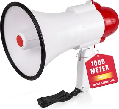 RUX® Megafoon met Sirene – Luchthoorn Met Schouderriem – Megafoon Auto – Sirene Met Instelbaar Volume - Stemversterker - Wit - ‎26cm x 16cm x 16cm