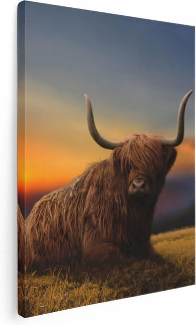 Artaza Canvas Schilderij Hooglander - 30x40 cm - Klein - Wanddecoratie Natuur - Muurdecoratie Gewei - Kamer Accessoires