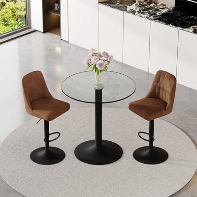 Bartafelset - Glazen Bartafel Met 2 Draaibare Barkrukken - Verstelbaar Met Voetsteun - Voor Keuken En Bar - Metaal Bruin Zwart