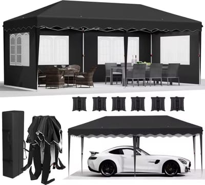 Partytent met Zijwanden – Partytent Opvouwbaar - 6x3 m – Waterdicht & Weersbestendig – Tuinfeesttent - Tuinhuisje 600 x 300 cm - Dubbel Uitgevoerd – Zwart