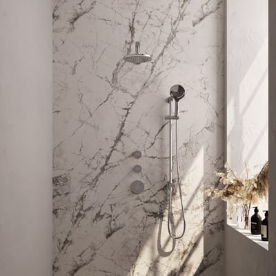 Brauer Chrome Carving thermostatische inbouw regendouche SET 19 met 20 cm douchekop en rechte muurarm en 3-standen handdouche en doucheslang en geïntegreerde glijstang chroom