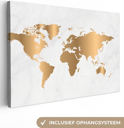 Canvas Schilderij Wereldkaart - Marmer - Goud - Glans - Schilderijen op canvas - 60x40 - Wanddecoratie