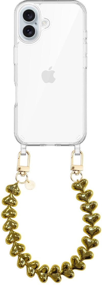 xoxo Wildhearts siliconen hoesje geschikt voor iPhone 17 hoesje - Funky Hearts - Telefoonhoesje - Hoesje met koord - Goud koord - kort telefoonkoord - Hartjes ketting - Transparant hoesje