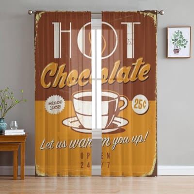 Vintage Metalen Bord Warme Chocolademelk Transparante Gordijnen voor Woonkamer Transparant Tule Raamgordijn Slaapkamer Keuken Sluier Gordijnen 135W x 114H(cm) brown