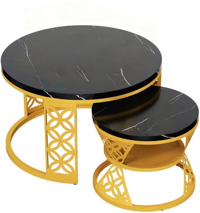 MODFU Salontafel 70x70x45 & 45x45x37 cm – Ronde set van 2 met marmeren patroon – Nestbaar & ruimtebesparend – Goudkleurig metalen frame – Moderne woonkamer tafel