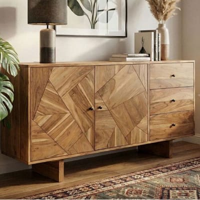 Ervesto Design Dressoir - Opbergkast - Sideboard - Massief Acaciahout 150 Cm - 2 Deuren En 3 Lades - Honingbruine Houtnerf - Handgemaakt En Duurzaam
